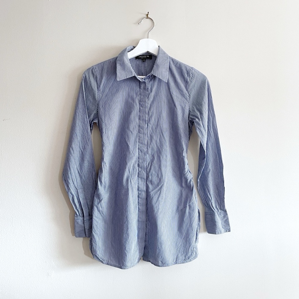 Lafayette 148 New York Blue White Pinstripe Shirt Back Tie, Women P (US 4-6)